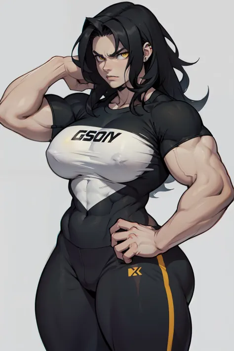 (1girl) pale skin large breasts (muscular) toned body thick thighs black hair yellow eyes (long hair grey background) bodybuilder angry tight shirt