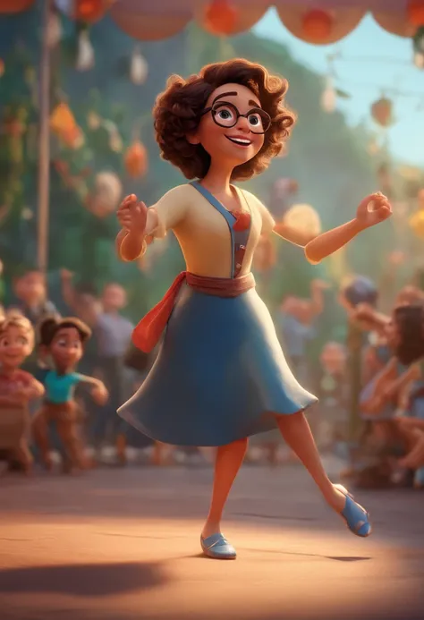 Pixar style image with 3D character white glasses brunette woman short curly hair dancing, Maquiagem Disney,Pescador, bonitinho, sorridente ,Close-up, Pixar, Disney, Cinema lighting,