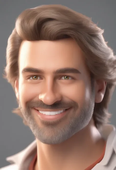 Homem de pele marrom com um sorriso gigante, happily smiling at the camera, sorriso atrevido, hes smiling, sorriso muito grande, Macho sorridente, foto de perfil headshot, rindo sorriso enorme, desenhando no estilo de Arte 3D, c4d, fundo de cor branco puro...