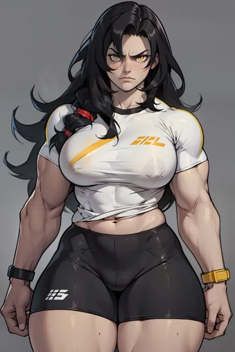 ((1girl)) pale skin large breasts (muscular) toned body thick thighs black hair yellow eyes (long hair grey background) bodybuilder angry tight shirt