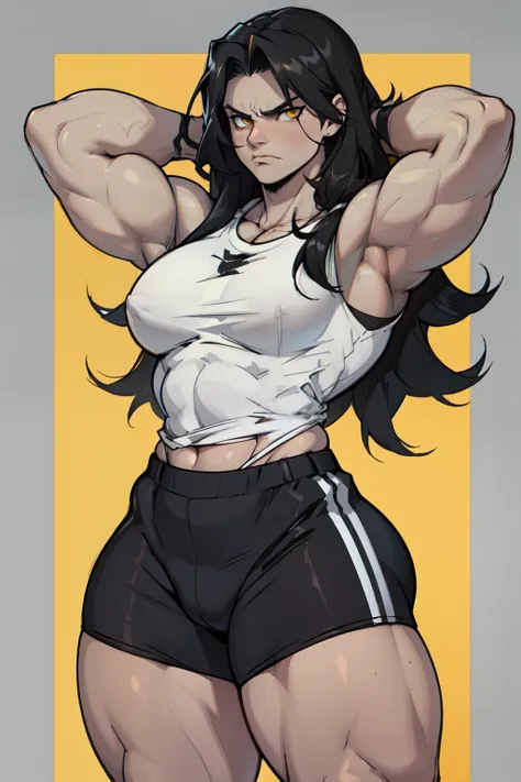 ((1girl)) pale skin large breasts (muscular) toned body thick thighs black hair yellow eyes (long hair grey background) bodybuilder angry tight shirt armpits