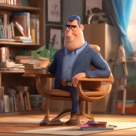 Crie um cartaz inspirado na Disney Pixar com o personagem sendo o advogado Winder Garcia, Um homem de cabelos curtos pretos, in an office with books and ready to serve a client, Olhando para frente e sorrindo