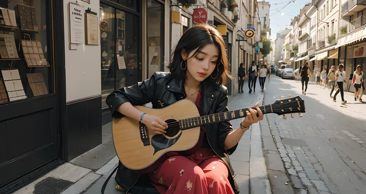 A woman playing guitar in a city, cercado de turistas, Receber moedas.

TAGS: Woman, playing the guitar, cidade, Turistas, Receber moedas, music, Artista de rua, atmosfera animada, ruas movimentadas, cores vibrantes, arte de rua, cultural experience