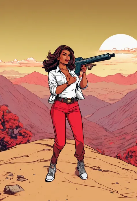 mujer, color negro, camisa blanca con shots rojo, pose de rapero, In the Los Angeles Mountains