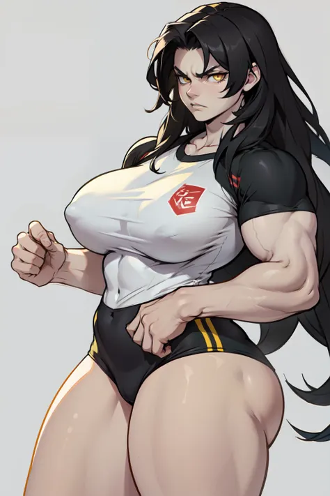 ((1girl)) pale skin large breasts (muscular) toned body thick thighs black hair yellow eyes (long hair grey background) bodybuilder angry tight shirt