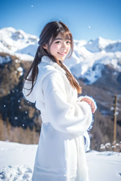 8K,beautiful girl model,Best Quality, 4K picture quality, 1girl in, white hanfu, Snow, Long hair fluttering in the wind, Healing smile, Large aperture, Snowy mountains in the background,((fullbody image,))(((Erina Mano)))