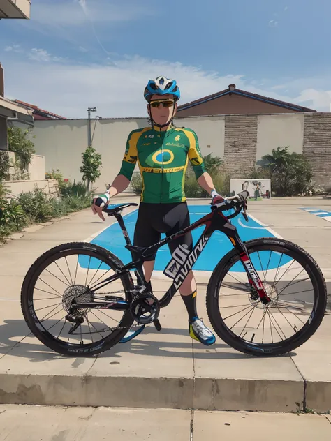 Photo cyclist holding the Sworks bike with clothing of the Brazilian cycling team with high quality yellow magura brake