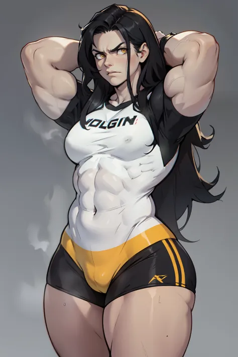 ((1girl)) pale skin large breasts (muscular) toned body thick thighs black hair yellow eyes (long hair grey background) bodybuilder angry tight shirt hands behind head