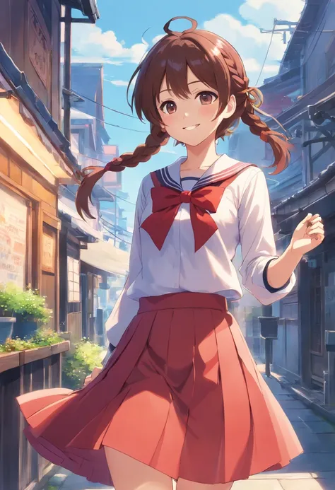 2d, masterpiece, best quality, anime, highly detailed, 1girl, solo, cowboy shot, sumi, single braid, side braid, hair bow, white bow, white shirt, long sleeves, sailor collar, red ribbon, red skirt, pleated skirt, embarrassed, blush, smile, outdoors