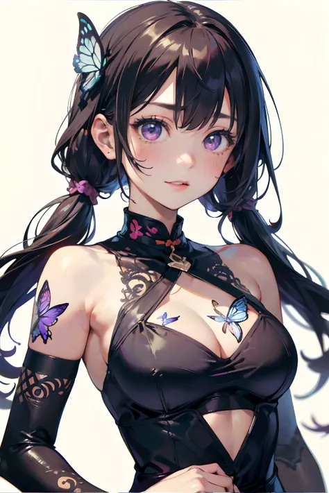 a 20 yo woman、Blackberry Hair、long twintail、Big smile、cleavage of the breast、Thighs at a glance、fishnet tights、Long cheongsam with long purple ankles on open chest、(hi-top fade:1.3)、dark themed、Muted Tones、Subdued Color、highly contrast、(natural skin textur...