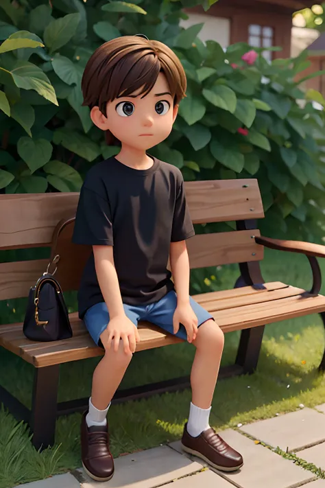 A imagem mostra um menino sentado em um banco de madeira, which is located near a fence. The boy is wearing a black shirt and appears to be looking at the camera. The bench is positioned in the middle of the scene, com a cerca estendendo-se para os lados e...