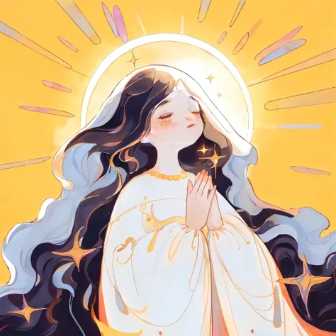 Close-up of a woman with long hair and the sun, glowing holy aura, holy halo, Holy and beautiful, majestic saint woman, Virgin Mary, holy rays, sacred aura, holy rays, A queen of heaven, Anime style illustration, divine ray over her head, korean art nouvea...