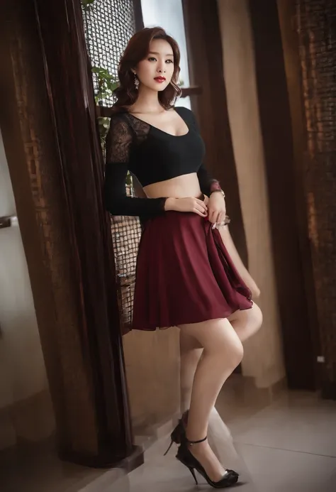 beautiful Korean women,short detailed hair,high-heels,27yo,whip, whip,Lingerie transparent,white skinned,black garter stockings,Sheer maroon skirt,Overweight,thighs thighs thighs thighs,White pedicure