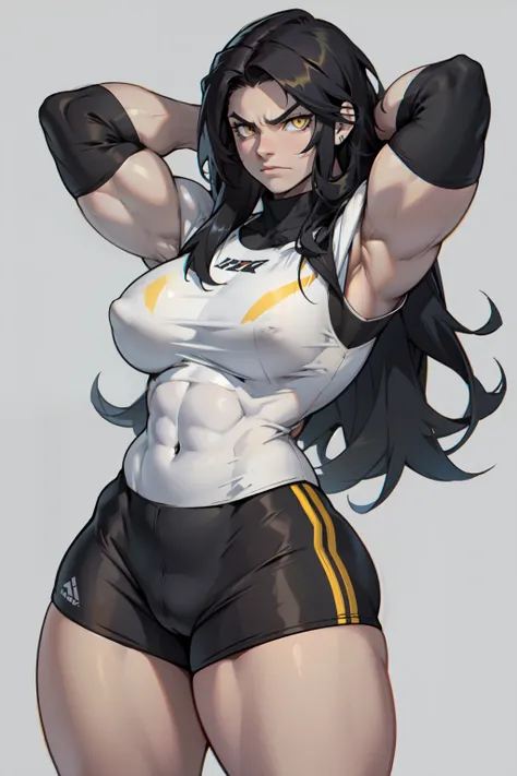 ((1girl)) pale skin large breasts (muscular) toned body thick thighs black hair yellow eyes (long hair grey background) bodybuilder angry tight shirt hands behind head