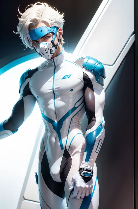 body suit, white and blue suit, (futuristic suit), white gloves, skin tight bodysuit, toned male, teenager, toned male, hands visible, mouth mask