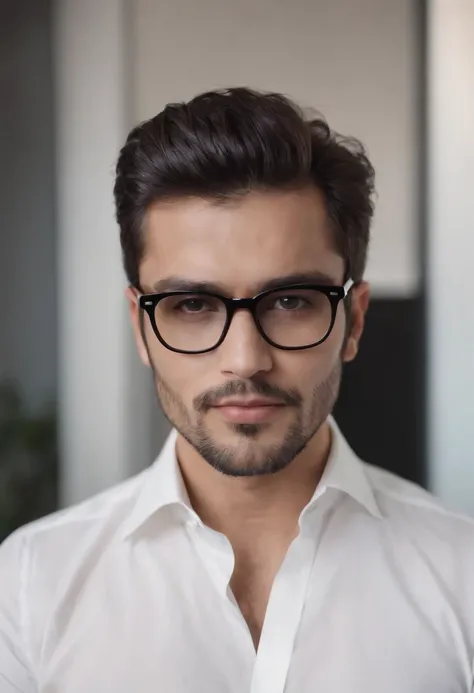 Homem branco de terno preto, cabelo preto, barba preta, Black glasses, white shirt and arms crossed