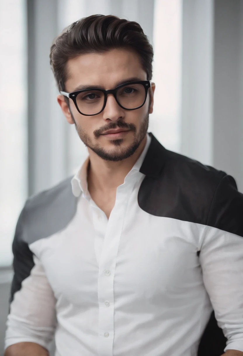 Homem branco de terno preto, cabelo preto, barba preta, Black glasses, white shirt and arms crossed