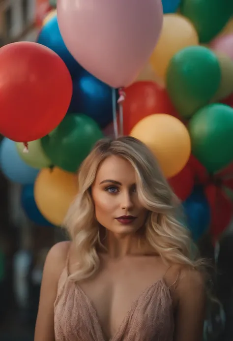 A blonde woman with tied hair and green eyes around many colorful balloons