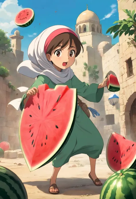 PLEASE MAKE A CARTOON ANIMATION OF PALESTINIANS ATTACKING ISRAEL WITH WATERMELON! IN VIDEO FORM. Cartoon man wearing a turban and woman wearing a hijab, typical Palestinian cartoon face and attacking Israel with a watermelon. A bomb warfare tool that repla...