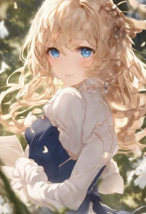 (dynamic angle:1.3),extreme closeup,windy,cinematic highlight,1girl,upper body,dacing,looking at viewer, violet_evergarden, solo, jewelry, blank eyes,brooch, blonde_hair,( vevry long hair:1.2),floating hairlong_sleeves, ribbon, blue_eyes, jacket, dress, ge...