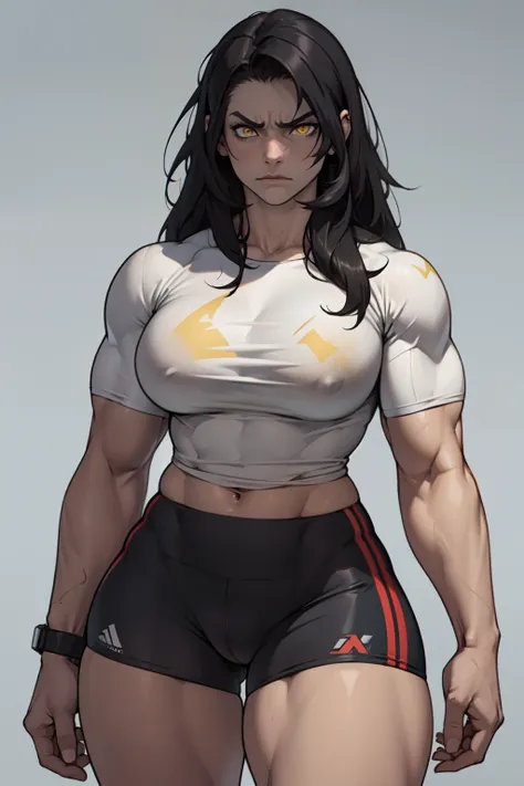 ((1girl)) pale skin large breasts (muscular) toned body thick thighs black hair yellow eyes (long hair grey background) bodybuilder angry tight shirt