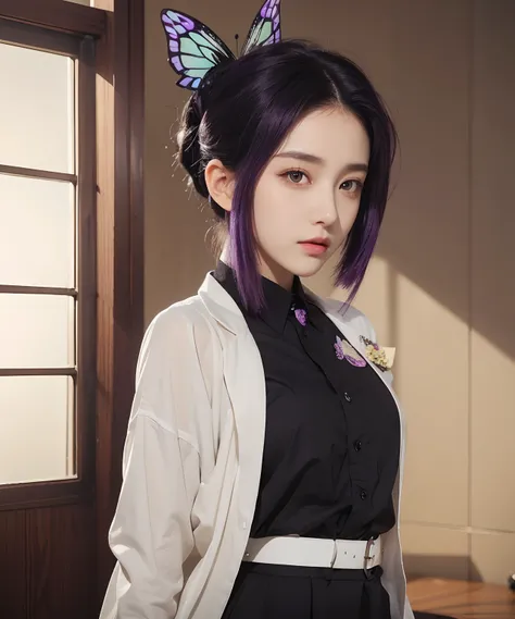 A girl with realistic black and purple hair, realistic rolled-back hairstyle, realistic butterfly hair clip, realistic bright purple eyes,Realistic Korean beautiful face, realistic cool expression, adapt exactly the same clothes, realistic light, realistic...