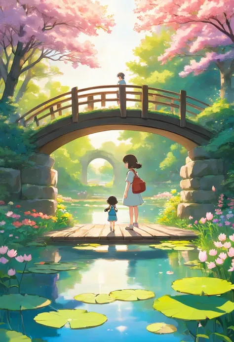 Rims with line art, A wooden bridge spans a field of flowers with a river, Lotus flower floating in the pond, A tree in full bloom々The light shines in from between, A little girl is reflected in the center, Spring-like scenery