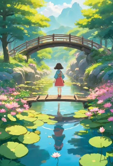 Rims with line art, A wooden bridge spans a field of flowers with a river, Lotus flower floating in the pond, A tree in full bloom々The light shines in from between, A little girl is reflected in the center, Spring-like scenery