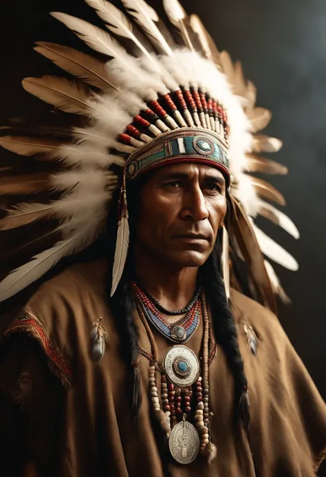 Hyperrealistic cinematic image of a native Indian with feathers on his head, Arte nativa americana, Indian warrior, Nativo americano, Guerreiro nativo americano, Arte nativa, Um guerreiro nativo americano, indigenous man, eagle feather, Guerreiro habilidos...