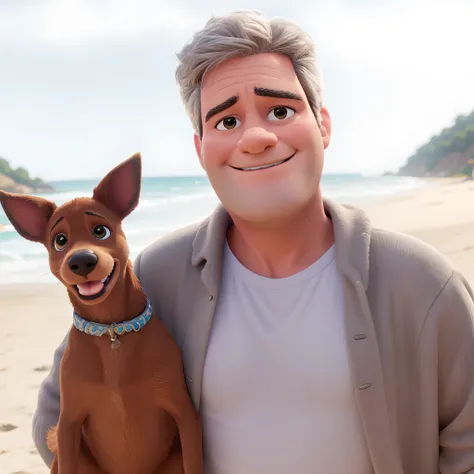 qualidade de imagem do filme，Disney Animation Style,there is a man holding a dog on the beach, Feliz, sorridente,Simon Cowell •, with his hyperactive little dog, BoJack Horseman na vida real