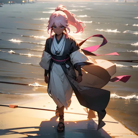 1female, teen, dark skin, pale blonde low ponytail with pink highlights, finely detailed grey eyes, loose ronin clothing, necklace, best lighting and shadows, night fishing village, walking down a path, light, lantern, light smile