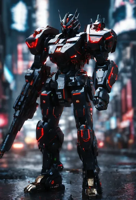 Gundam Mecha , (high quality,4k,8k,highres,masterpiece:1.2),ultra-detailed,(realistic,photorealistic,photo-realistic:1.37), Male Angel，Alas emplumadas negras，futuristic knight,black armor with fiery red magma details,sun-colored eyes, fair skin, curly red ...