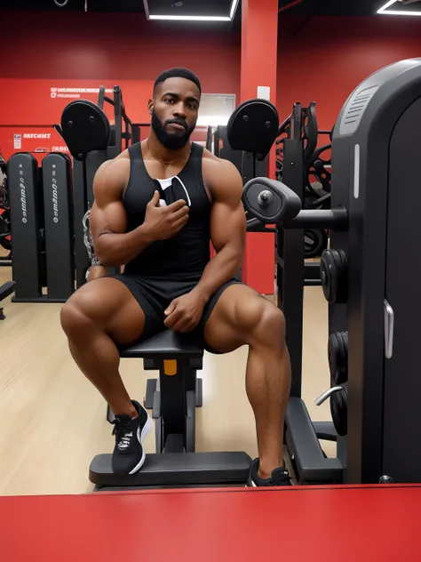 Black man sitting on weight machine, cabelo bem curto preto, barba grande pontuda. Com camisa regata, shorts and sneakers. With a serious countenance is one of the raised eyebrows