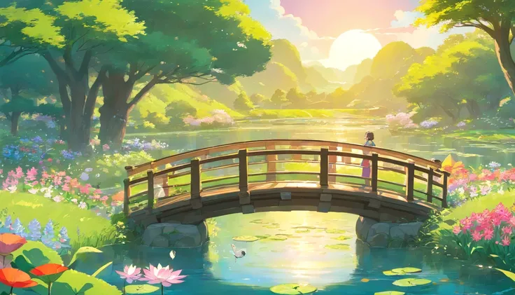 Rims with line art, A wooden bridge spans a field of flowers with a river, Lotus flower floating in the pond, A tree in full bloom々The light shines in from between, Spring-like scenery