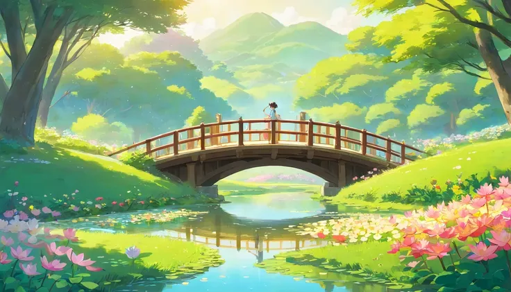 Rims with line art, A wooden bridge spans a field of flowers with a river, Lotus flower floating in the pond, A tree in full bloom々The light shines in from between, Spring-like scenery