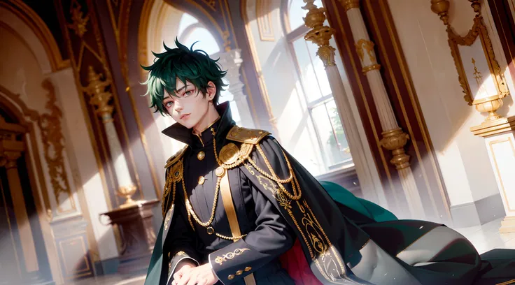 Midoriya Izuku, he is dressed in black prince clothes with gold details, his cape is black and glued to the collar of his costume, his expression is perverse, it is noted that he is in a medieval palace with neutral colors like: black, gray and white. In t...