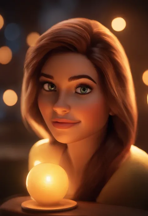 Imagem estilo Pixar com 3D personagem morena mulher cabelo escrro e olhos puxadie , Maquiagem Disney,Pescador, bonitinho, sorridente ,Close-up, Pixar, Disney, Cinema lighting, segurando um gato no colo