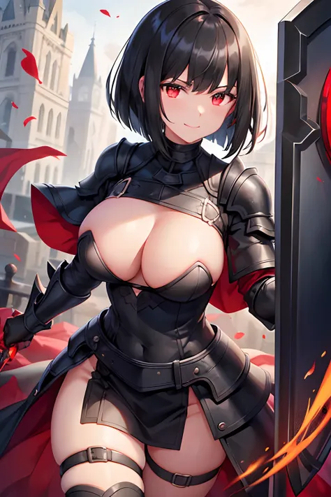 I dont want it to hurt, so I want to be defensive.。, A girl with a black hair bob cut wearing black armor with all her stats poured into her defenses, Rose pattern, Heavy Shot, kindly smile, Sauce order, Black shield larger than her body, A large shield em...