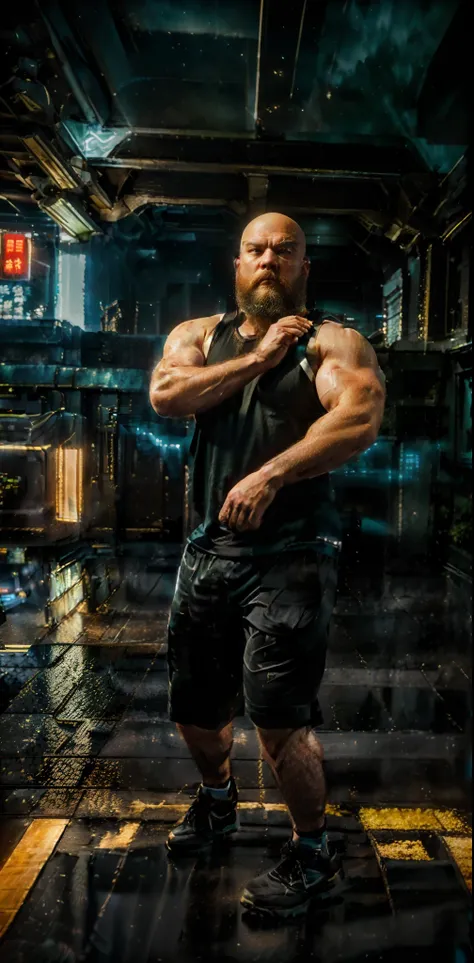 White male, very muscular, bald headed, thick black beard, wearing black shorts, black tank top, standing in kung fu stance, in Tokyo at night, next to the Great Wall, ultra realistic, 8k, cinematic style, movie lighting,