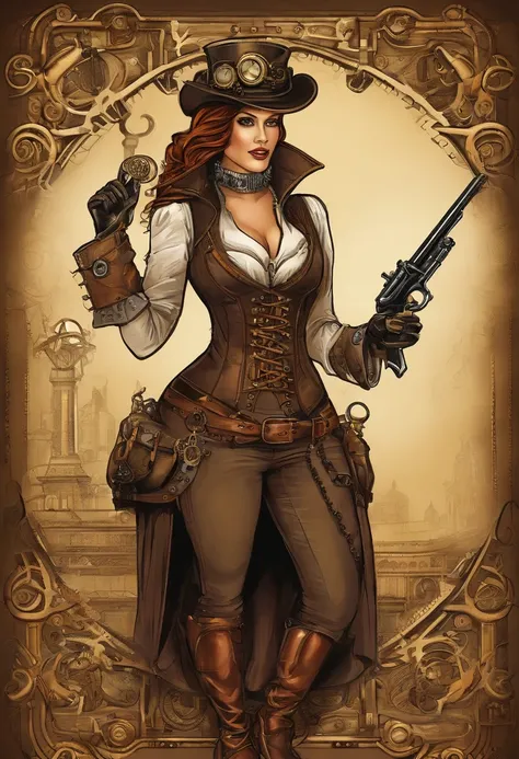 Theres a woman wearing a Steam Punk hat and holding a gun., menina Steampunk, usando trajes Steampunk, menina inventora Steampunk, (Steampunk), ( Steampunk ), estilo Steampunk, Steam-punk, Steampunk Fiction, steampunk aesthetic, uma deusa Steampunk bonita,...