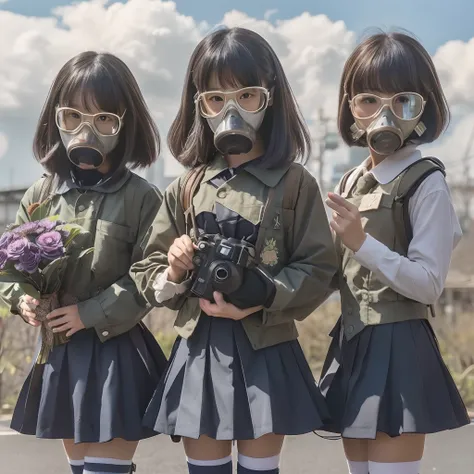 masutepiece、high-level image quality、high-level image quality、Top image quality、realisitic、Detailed picture、(Japan schoolgirl wearing a black gas mask)、３a person、Have a bouquet、In a retro atmosphere、Its as if it was taken with a camera、