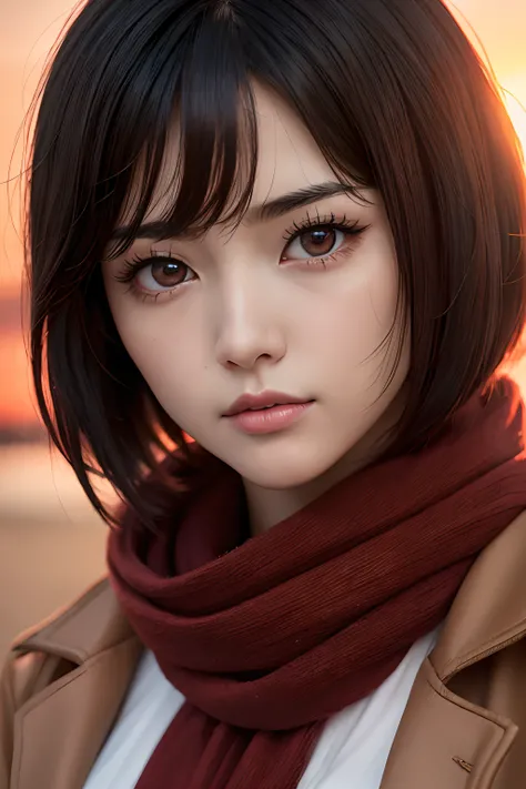 (extreme close-up)、(From  above)、１a woman in a、(Black hair berry shorthair)、Long bangs、(Sareme:1.2)、(Brown eyes)、(Big Eye:1.2)、tthin eyebrows、(A wistful look)、Wrap a red scarf around your neck、(looking at view)、(Korean ulzzang Face)、Portrait of Eren Yeager...