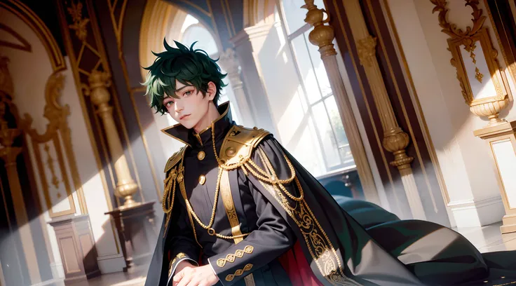 Midoriya Izuku, he is dressed in black prince clothes with gold details, his cape is black and glued to the collar of his costume, his expression is perverse, it is noted that he is in a medieval palace with neutral colors like: black, gray and white. In t...