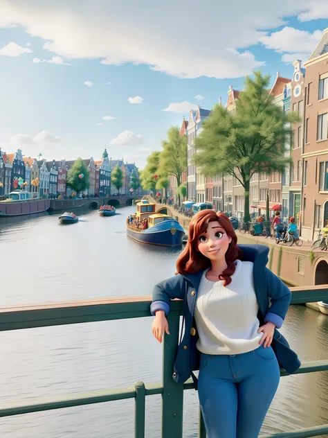 Mulher em canal de Amsterdam no estilo Disney pixar, alta qualidade, melhor qualidade