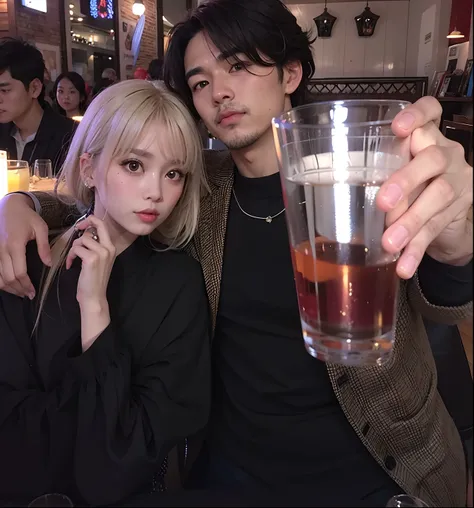 There are two people who are posing for a picture with a glass, com cabelos longos brancos, pixivs e junji ito, O corte Hime, Ulzzang, com longos cabelos brancos, com ela longa, pose de casal, branco hime corte penteado, longos cabelos brancos e franja, Ni...