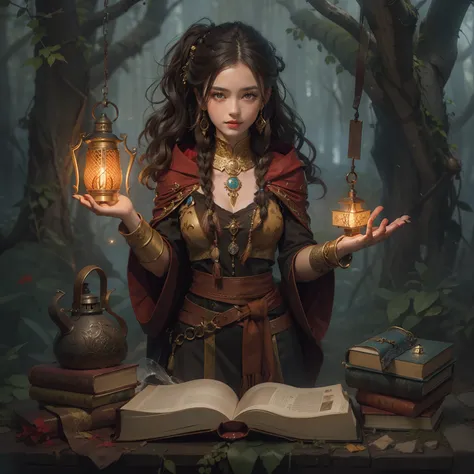 masterpiece, best quality, ultra-detailed, Female sorceress, hazel eyes, icy eyes, She has a cold smile on her mouth, magic book in her right hand, In her left hand hangs a small lantern,brown skin, curly hair, dark hair parted and down in two braids, mode...