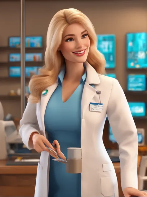 3D Disney Pixar style, A pretty woman, long blonde hair, medical coat, applying Botox to a patient in the office, aesthetics and beauty Studio clinic, elegant, smiling, holding a syringe and medical instrument, full body, Ultra quality, vibrant colors, pla...