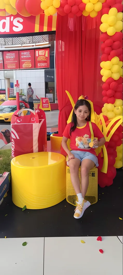 Menina sentada em uma cadeira em frente a uma placa do McDonalds, MC DONALDS, serving happy meals, Directed by: Nandor Soldier, ronald mcdonald, pano de fundo, vestindo roupas vermelhas e amarelas, Mcdonald, comer dentro do McDonalds, Poarch bonito, happy ...