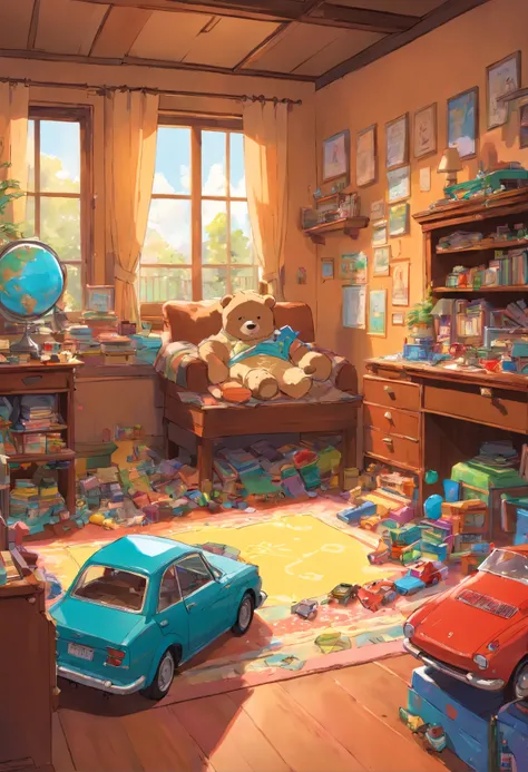 A brown daddy bear, Smashed a toy car, guilty, Helpless, Detail portrayal, Cosy room, Study desk, Beds, toys, The colors are bright and bright, Ghibli-like colours, three sided view, move chart, masterpiece --auto