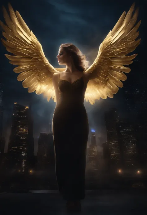 This image depicts an angel woman hovering over a city at night. The city lights create a golden and dramatic atmosphere, while its delicate presence and dark wings contrast with the urban environment. The woman seems protective and vigilant.